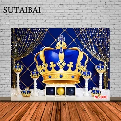 Royal Blue and Gold Prince Birthday Party Photography Backdrop King Crown Happy Birthday Party Decoration Background