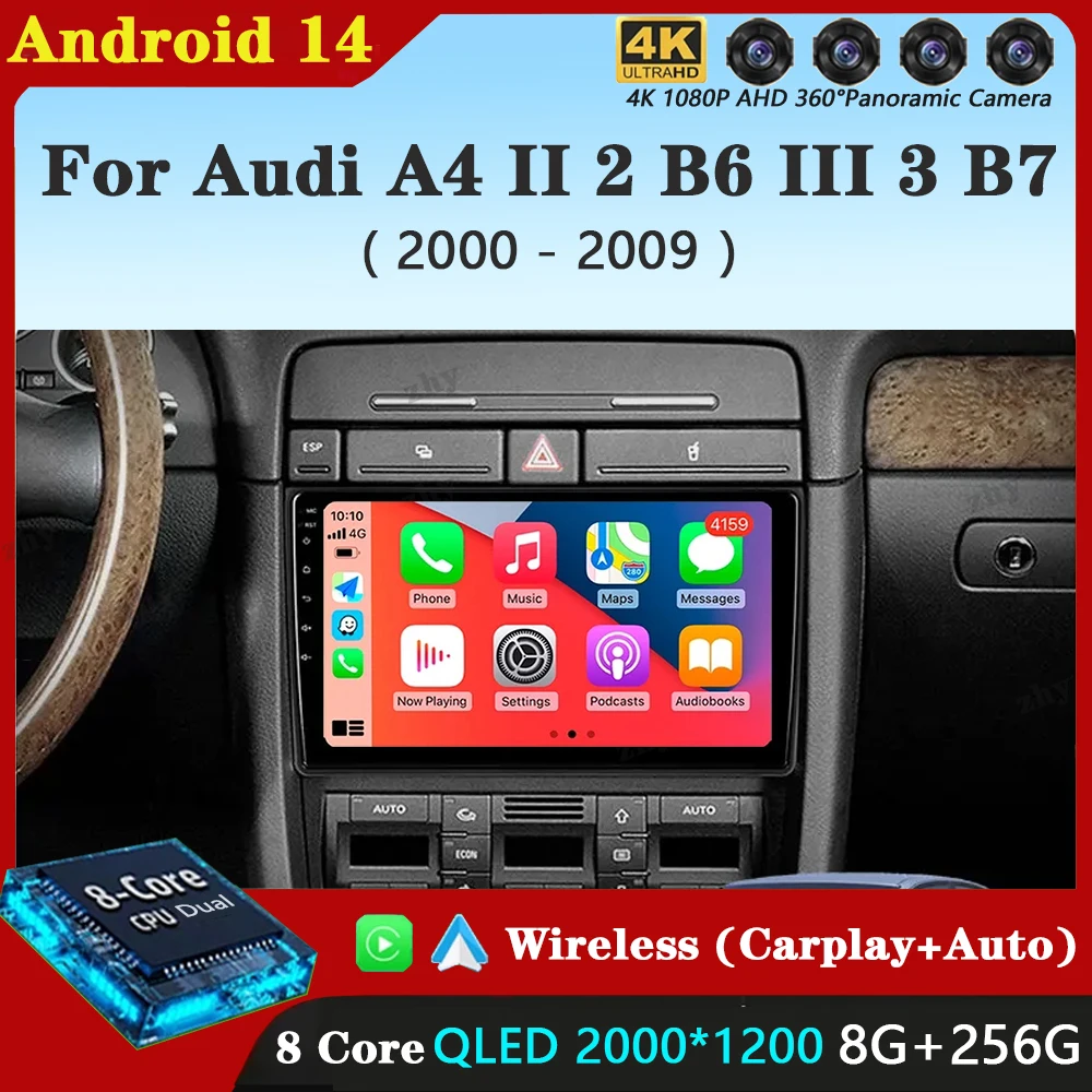 Android 14 For Audi A4 II 2 B6 III 3 B7 2000 - 2009 S4 2002 - 2008 RS4 2005 - 2009 Car Radio Multimedia Video Player Navigation