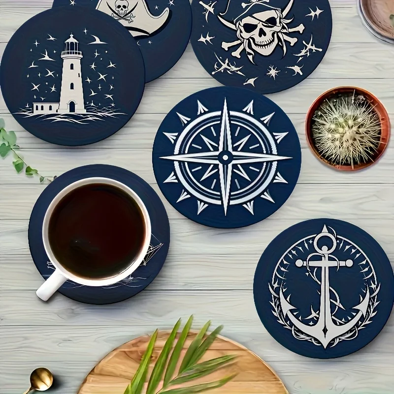 Paquete de 6 posavasos de madera de estilo náutico premium, almohadillas redondas para bebidas resistentes al calor con base antideslizante, ideales para decoración del hogar