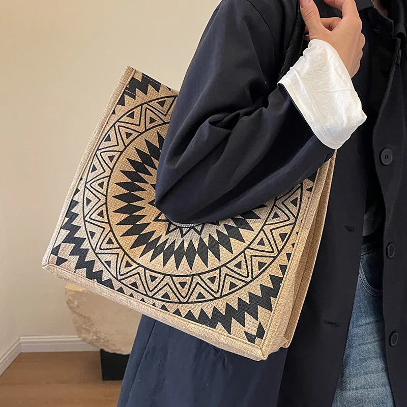 

Artistic Retro Ethnic Large Capacity Student Handheld Tote Bag Korean Linen High Quality Women's Shopping Bag