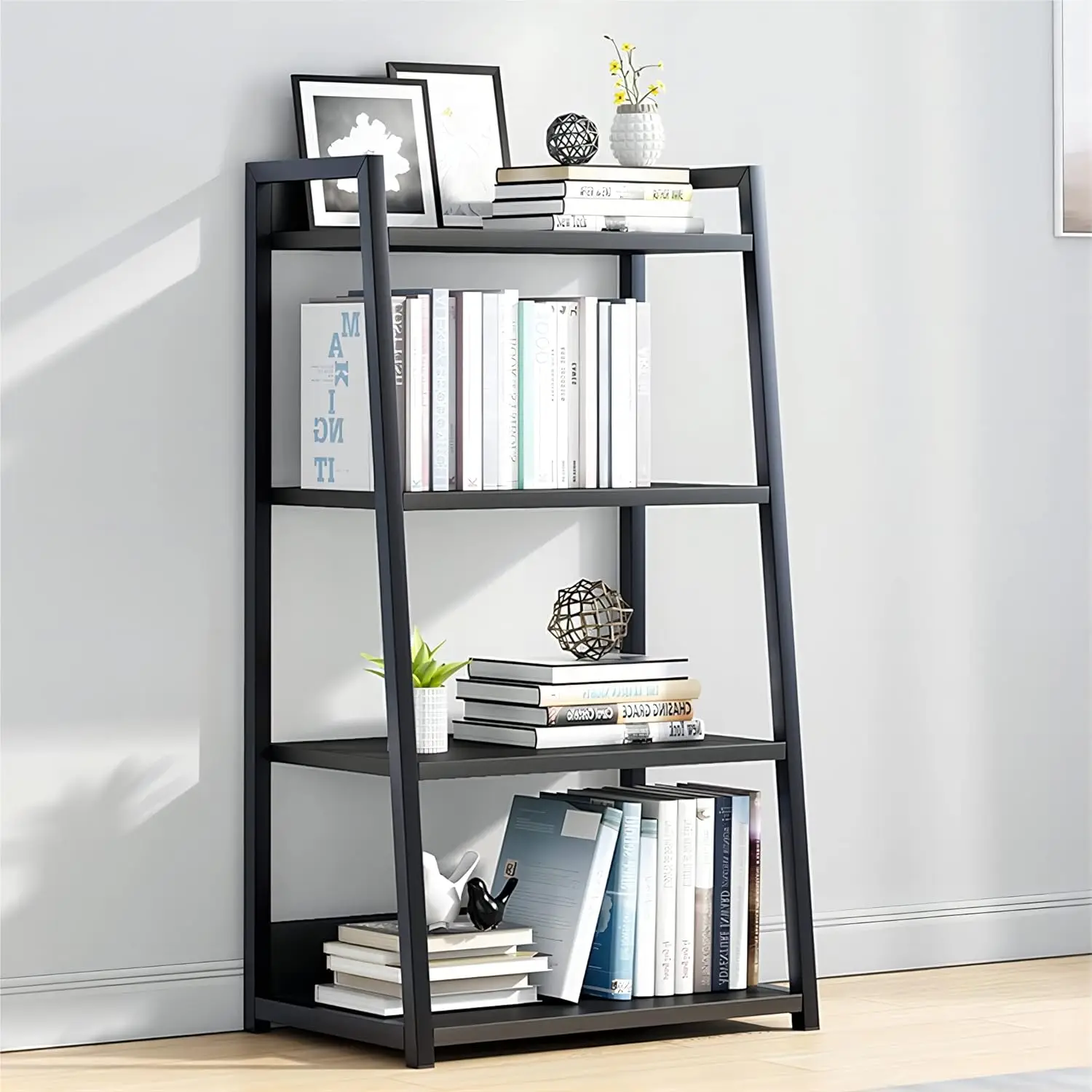 

4 Tier Open Bookshelf - Steel and Wood Display Stand, 50CM Width Floor-Standing Bookcase