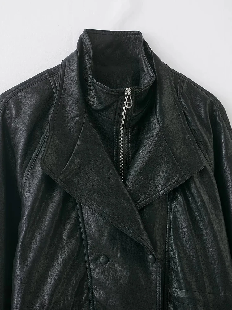 여성 레트로 숏 가죽 재킷 여성 블랙 시크 스탠드 칼라 지퍼 포켓 허리 조임 재킷 여성 데일리 하이스트리트 코트