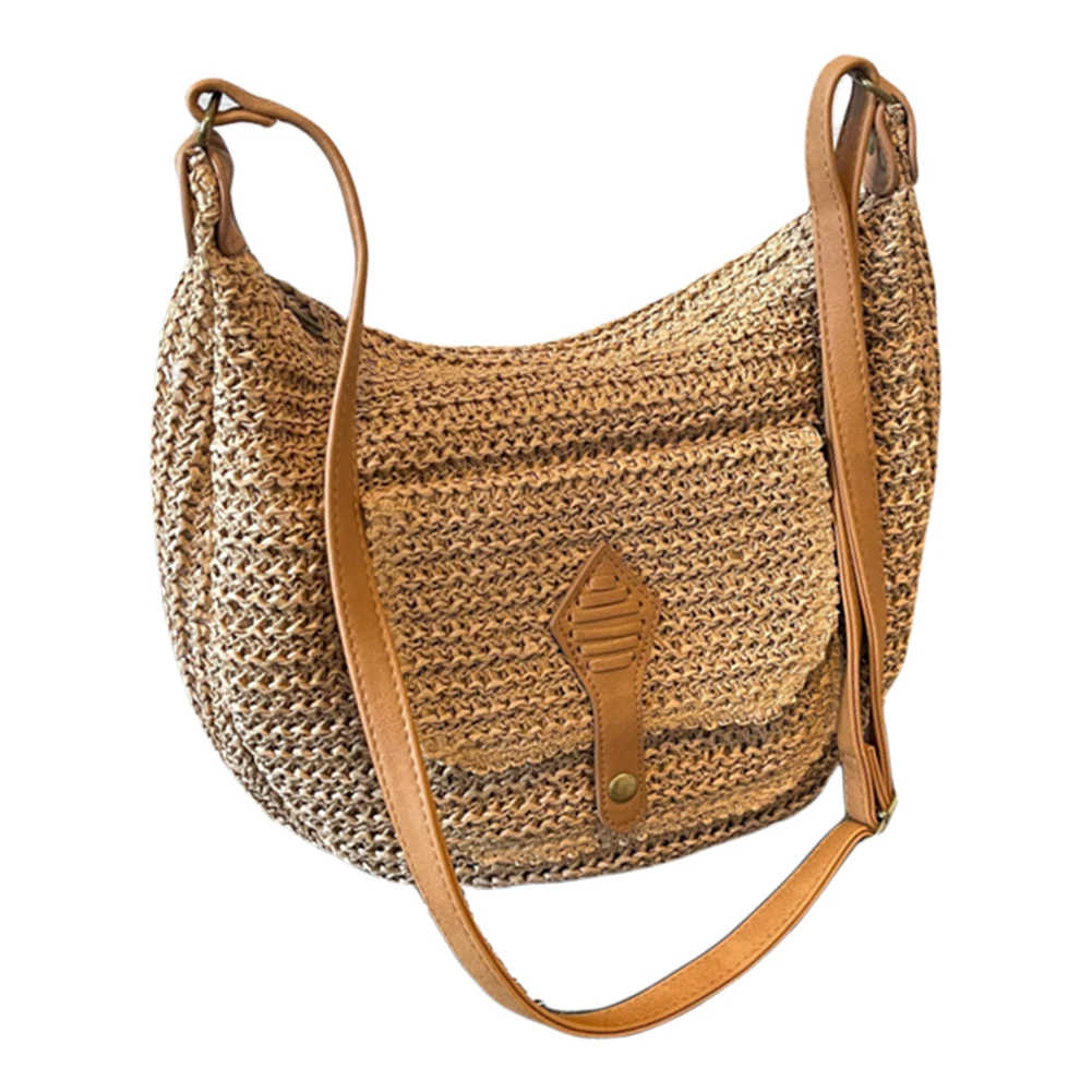 Straw Woven Shoulder Bag for Women Adjustable Shoulder Strap Summer Beach Purse Zipper Hobo Bag for Vacation Travel Shopping