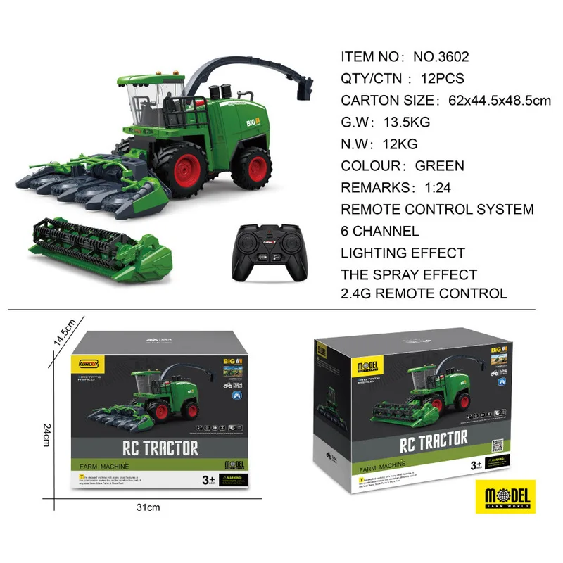 새로운 재고 전기 원격 제어 수확기 농업 차량 스프레이 트랙터 엔지니어링 차량 장난감 시뮬레이션 Agricultura