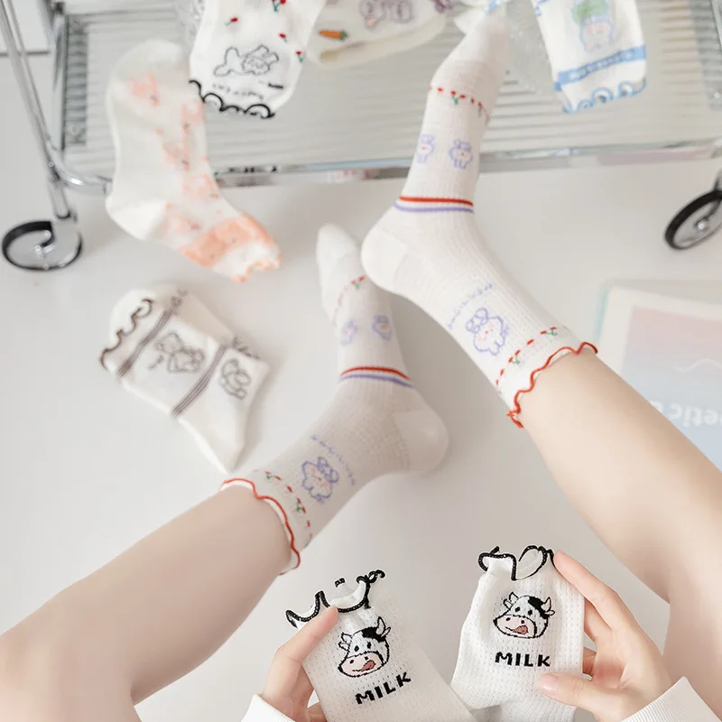 Cute Spring/Summer Thin Mesh Hollow Breathable Mid Cap Cotton Socks Japanese cartoon lace pile socks