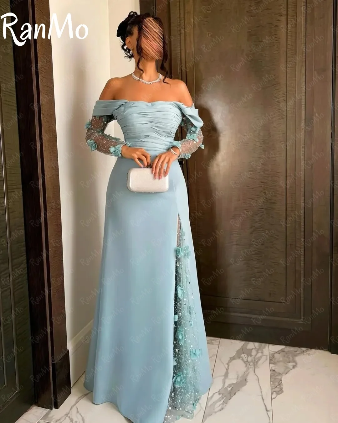 فستان سهرة جديد من Ranmo مصنوع من الدانتيل باللون الأزرق على شكل حرف a بدون أكتاف وأكمام طويلة ثلاثية الأبعاد للمناسبات الخاصة Fساتين Sheer