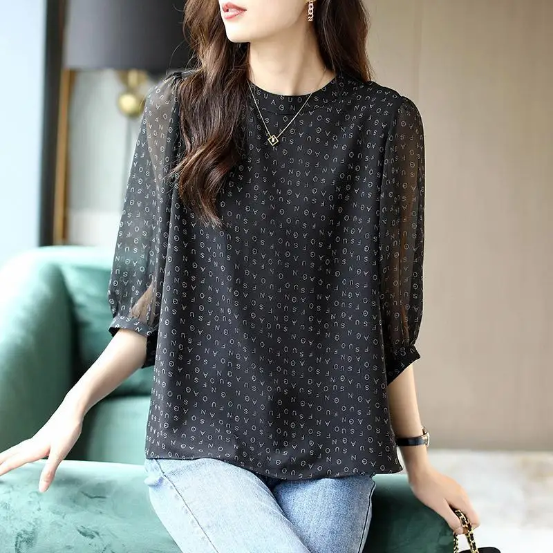 Vintage Printed O-Neck Puff Sleeve Oversized Chiffon Shirt Summer New Casual Pullovers Loose Commute Fashion Woman Blouses 2022