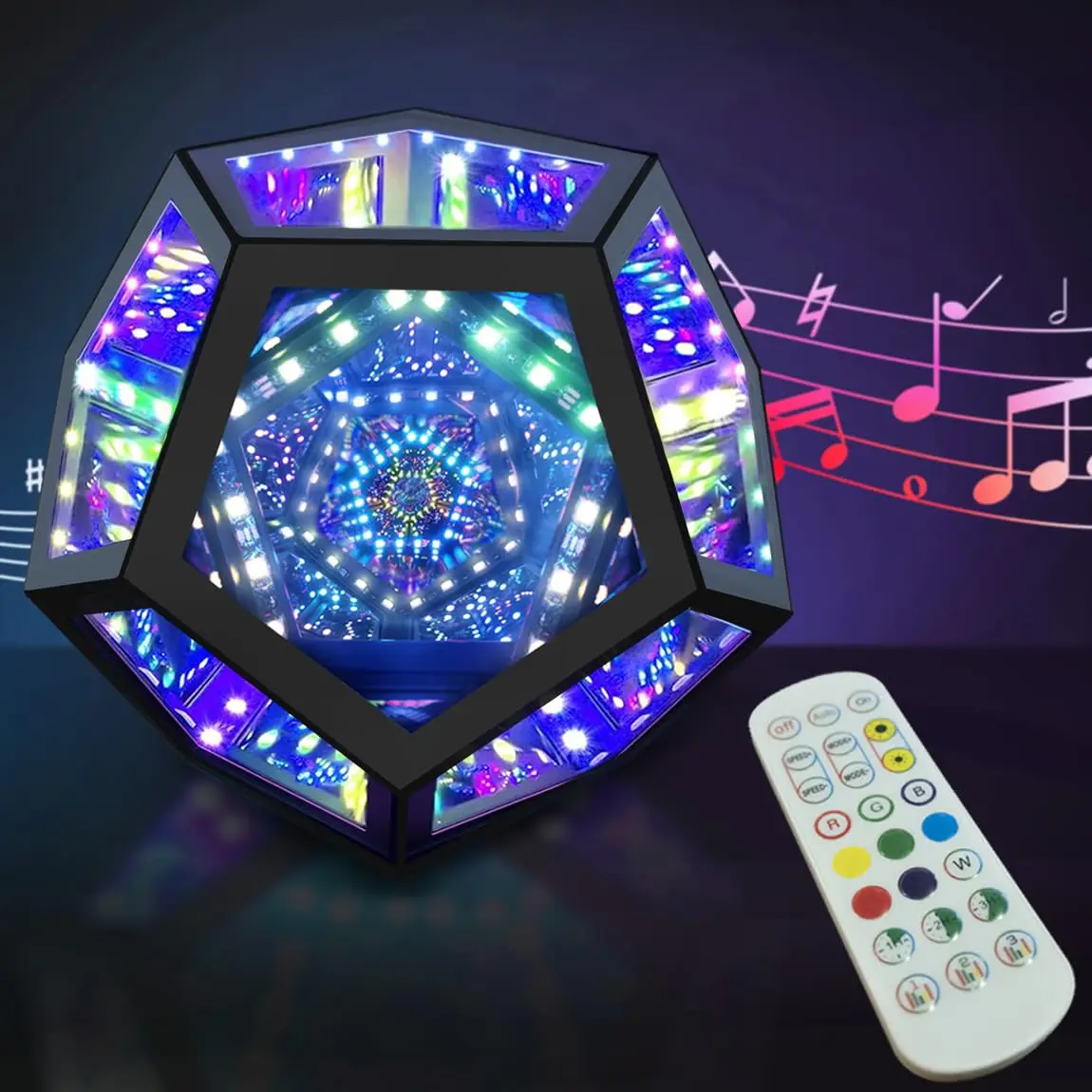 

RGB Color Changing Music Sync LED Night Light Infinity Dodecahedron Mirror Table Lamp USB-Powered Festive Gift for Bedroom Party