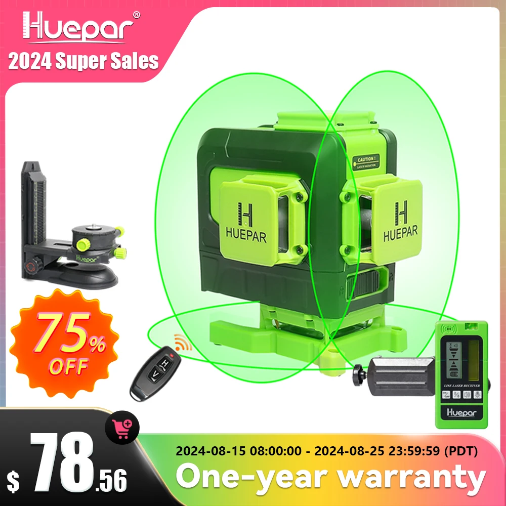 Huepar-nível Laser com Controle Remoto 12 Linhas 3d Cross Line Osram Feixe Verde Li-ion Battery Tile Floor Laser Tools Set