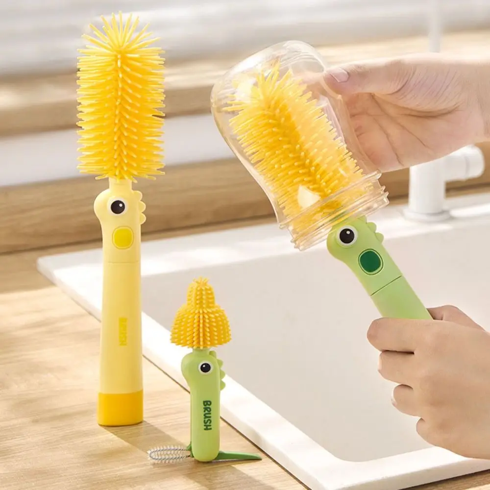 

2PCS/SET Simple 3-in-1 Baby Bottle Cleaner Set Silicone 360 Degree Rotation Nipple Brush Soft Long Handle Baby Bottle Brush Cups