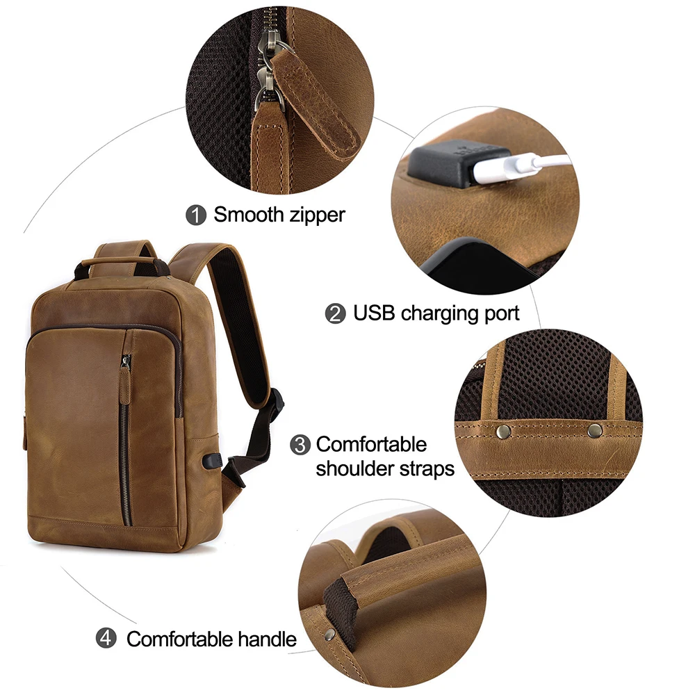 Joyir masculino cavalo louco mochila de couro 15.6 polegada sacos para portátil daypack com carregamento usb viagem busniess mochila novo