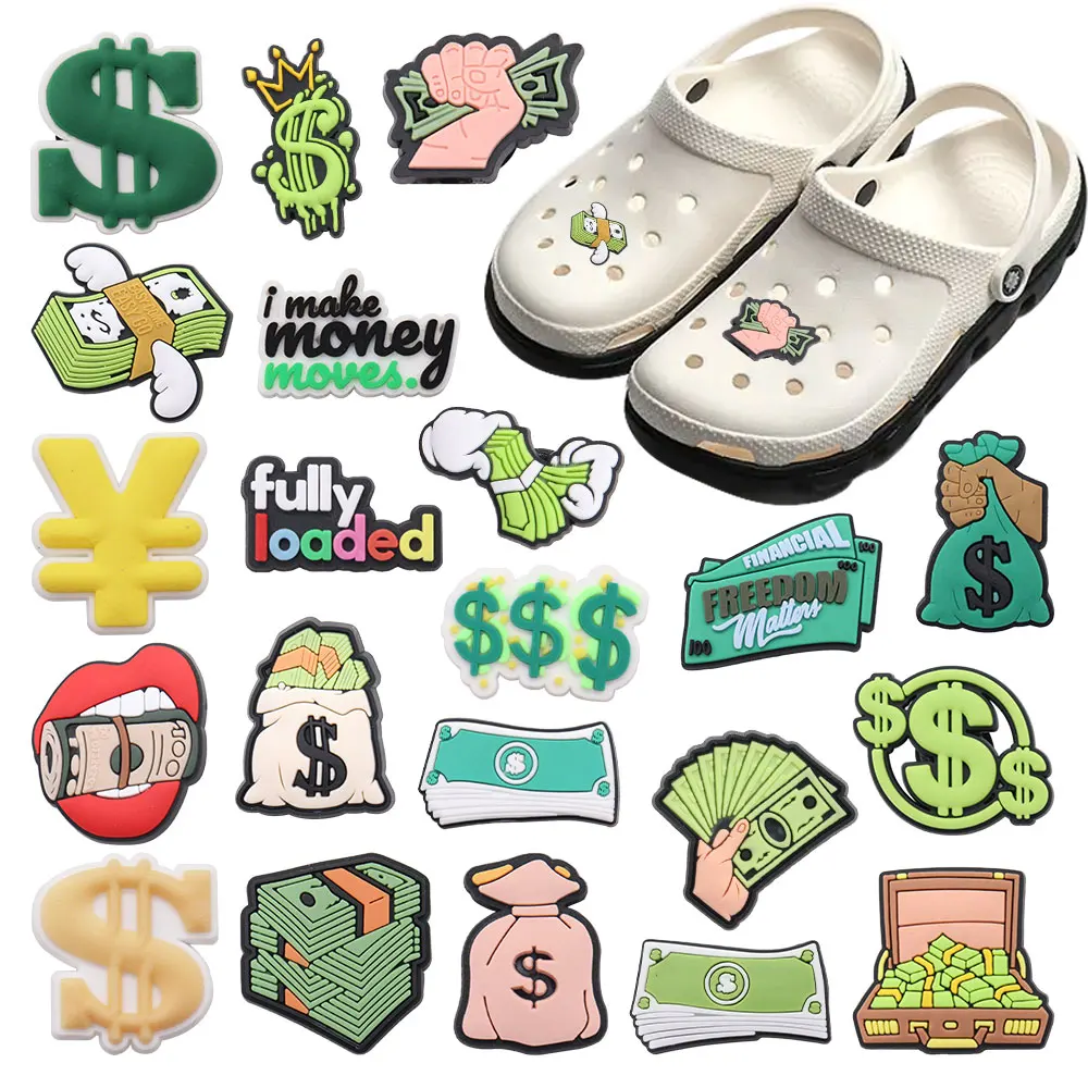 New Arrival 1-21pcs Shoe Charms Green Dollar Bill Money Bag PVC Accessories Shoes Buckle Decorations For Children X-mas Gift