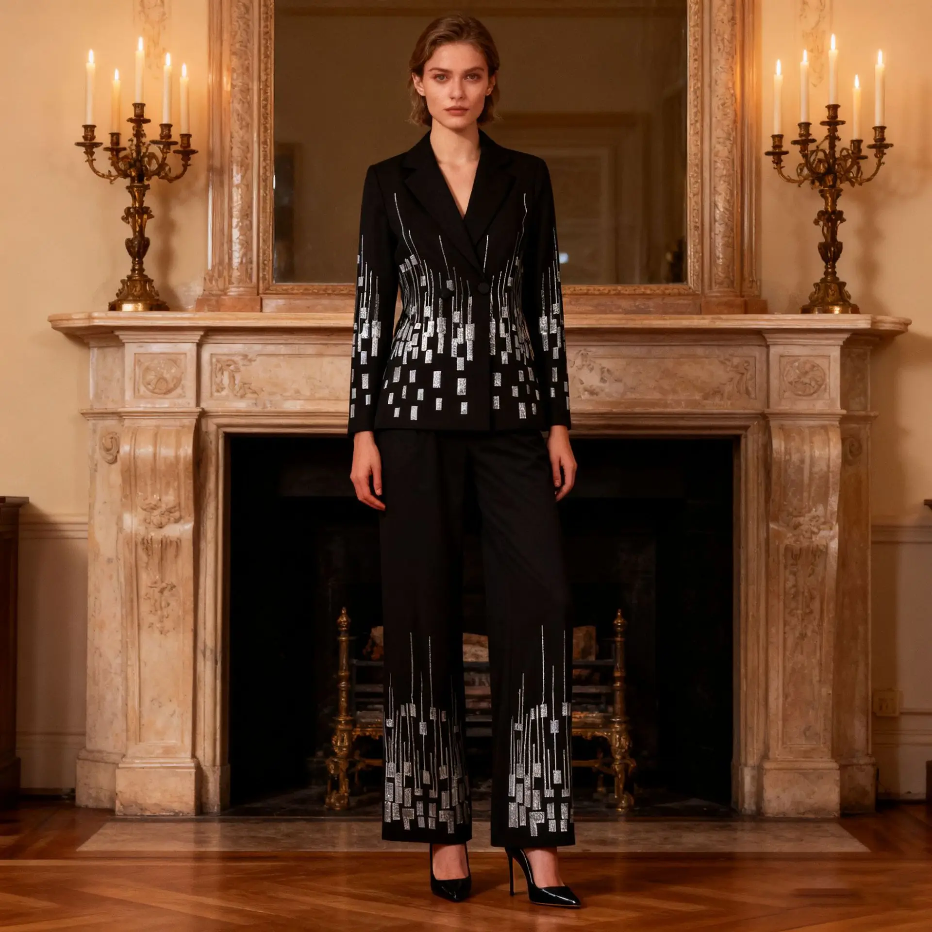 

French heavy industry high-end two-piece set 2026 new sequined V-neck silhouette small suit + straight trousers suit for women