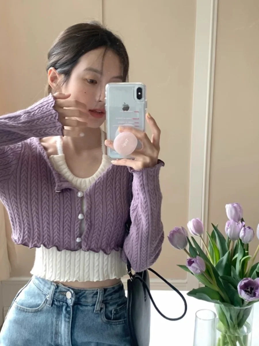 Korean Edition Sweet Knitted Cardigan For Women Spring Autumn New Versatile Long Sleeve Sweater Retro Mushroom Edge Short Top