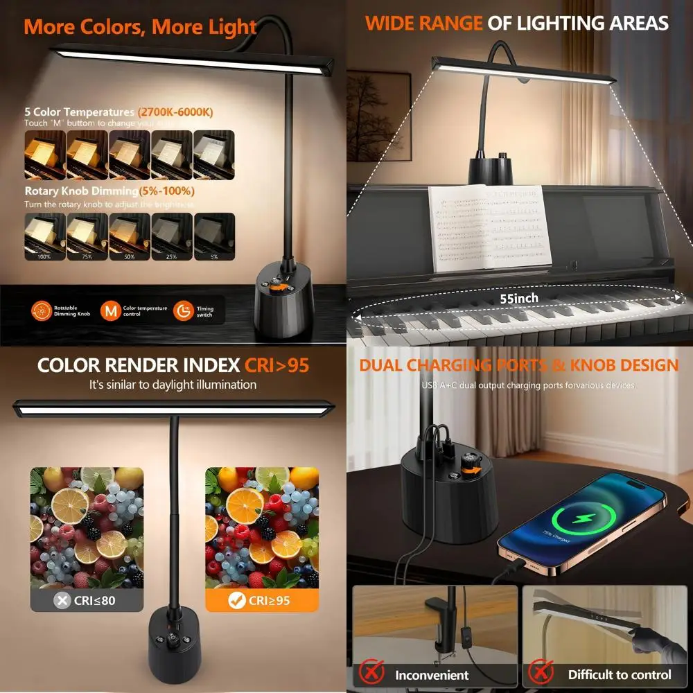 

Регулируемая светодиодная лампа для пианино с гибкой штангой, для роялей, пианино и цифровых пианино, 5 цветов, с регулировкой яркости и зарядкой через USB