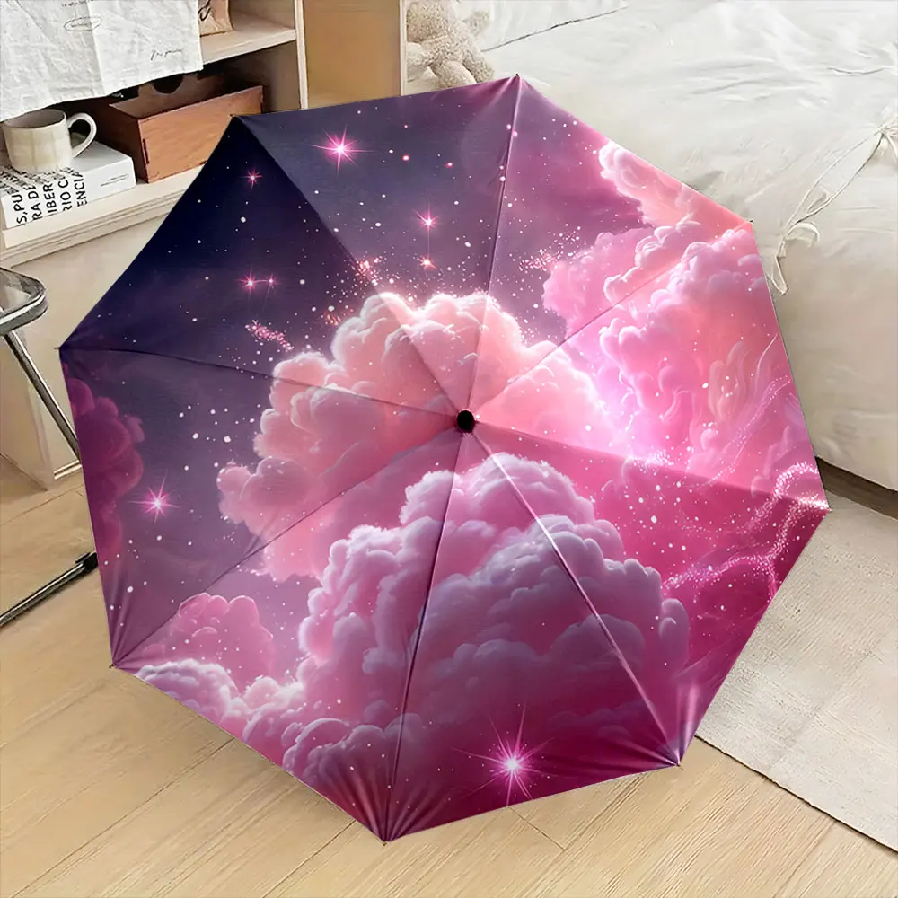 Dreamy Pink Clouds and Sparkling Starry Night Pattern portable waterproof sun rain umbrella for outdoor travel beach