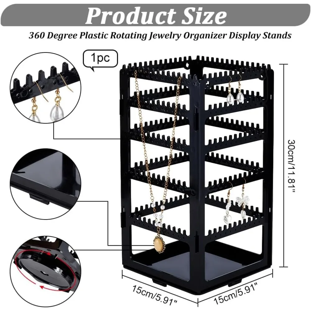 Rotating Jewelry Organizer 360 Degree Black Jewelry Hanger Organizer Ear Studs Storage Rack Necklace Holder for Rings