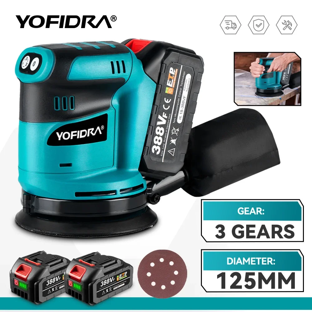 YOFIDRA 125 mm kabelloser elektrischer Exzenterschleifer, 3 Gänge, verstellbar, wiederaufladbar, Polierschleifmaschine für Makita 18 V Akku
