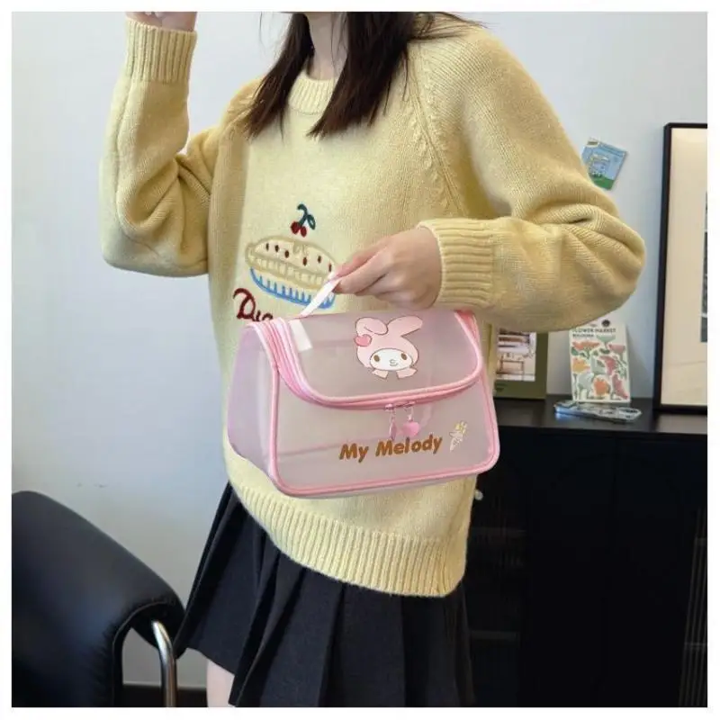 Sanrio Cute Mesh Cinnamoroll Handheld Makeup Bag Large Capacity Breathable Travel Toilet Cosmetics Storage Bag Fashion Portable