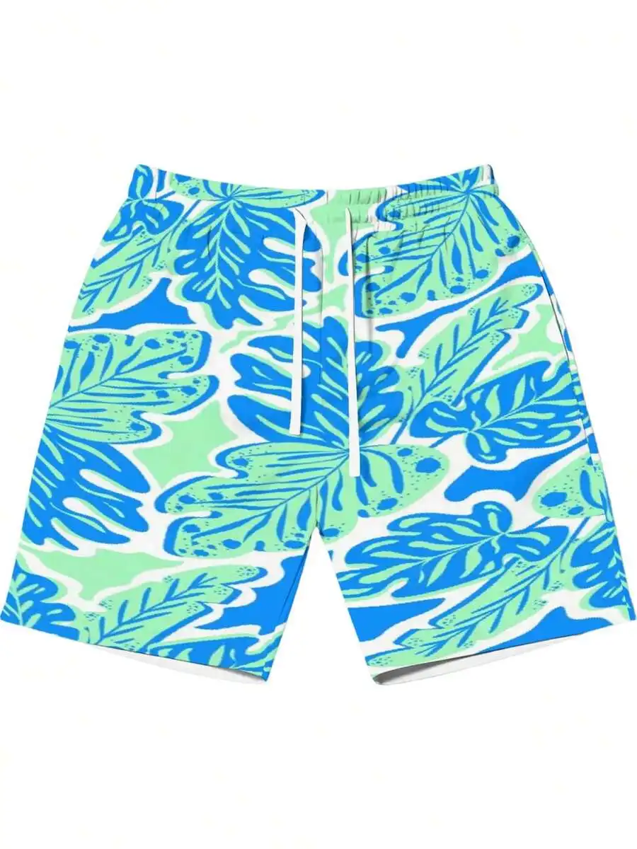 

Blue Green Tropical Leaf Pattern Mens Beach Shorts Casual Five Inch Lightweight Comfortable Home Outdoor Shorts Summer Holiday