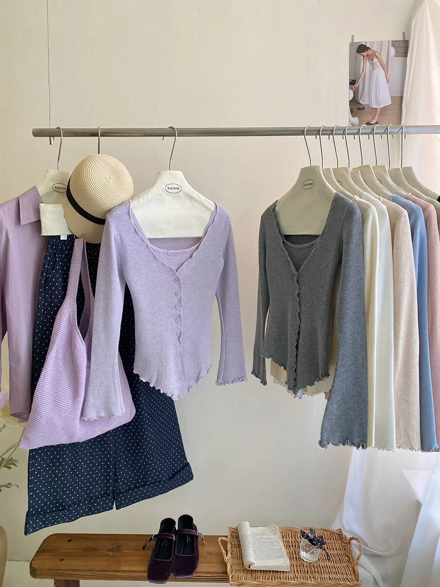 

Sweet Sle Long Sve Knitted Slim Fit Thin Cardigan Women's Spring Pure Color Ear-Like Design Two-Piece Look Casual Top