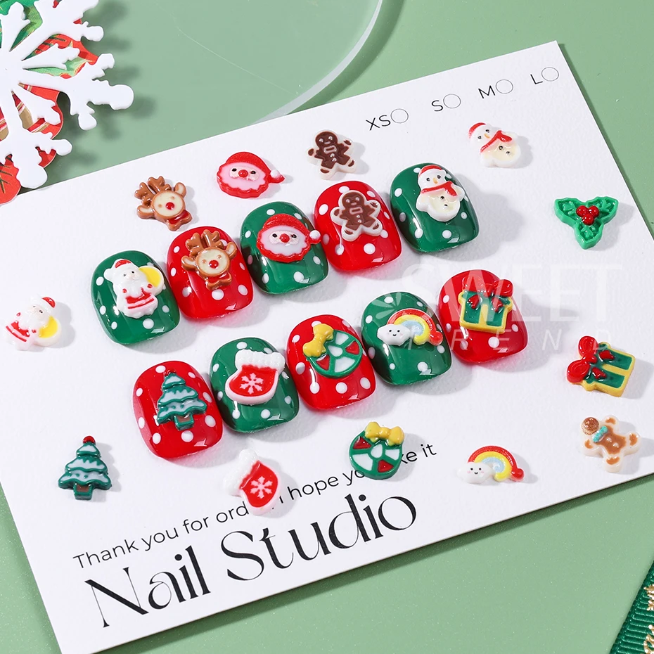 50pcs Christmas Nail Charms Jewelry Random Mixed Cute Santa Claus Elk Snowman Gingerbread DIY Party Manicure Decor Accessories
