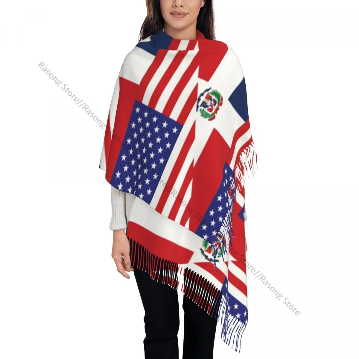 Autumn Winter Warm Scarves US Flag And Dominican Republic Flag Fashion Shawl Tassel Scarves Wrap Neck Headband Hijabs Stole