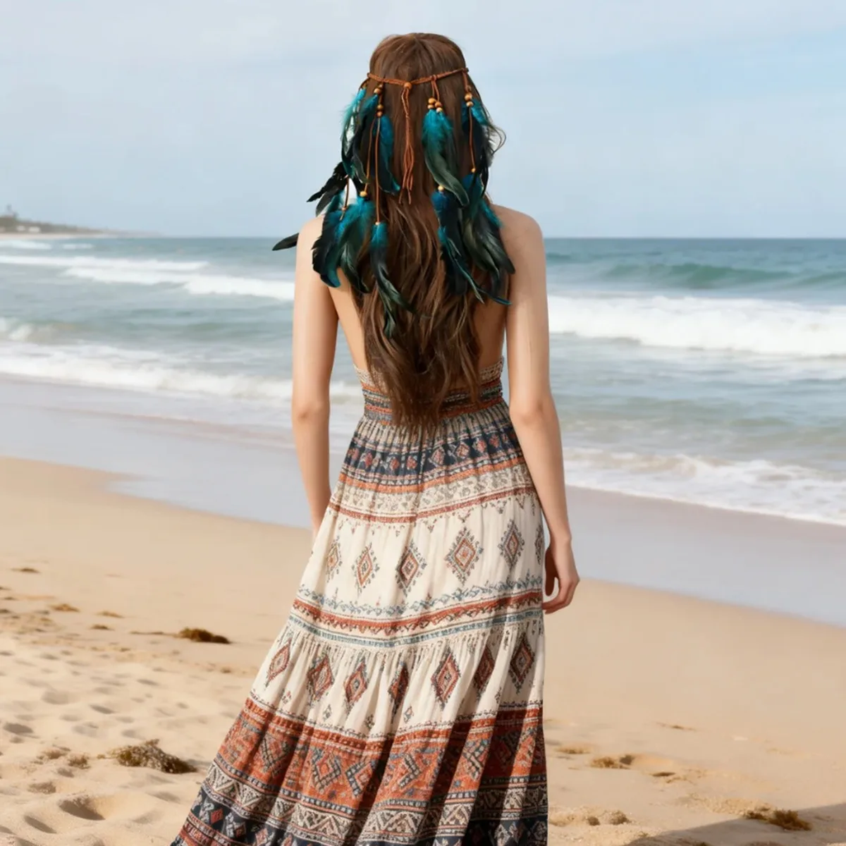 Bohemian Feather Headband with Beads, Adjustable Hippie Hairband, Stylish Boho Hair Accessory for Festivals, Cosplay & Parties view 5
