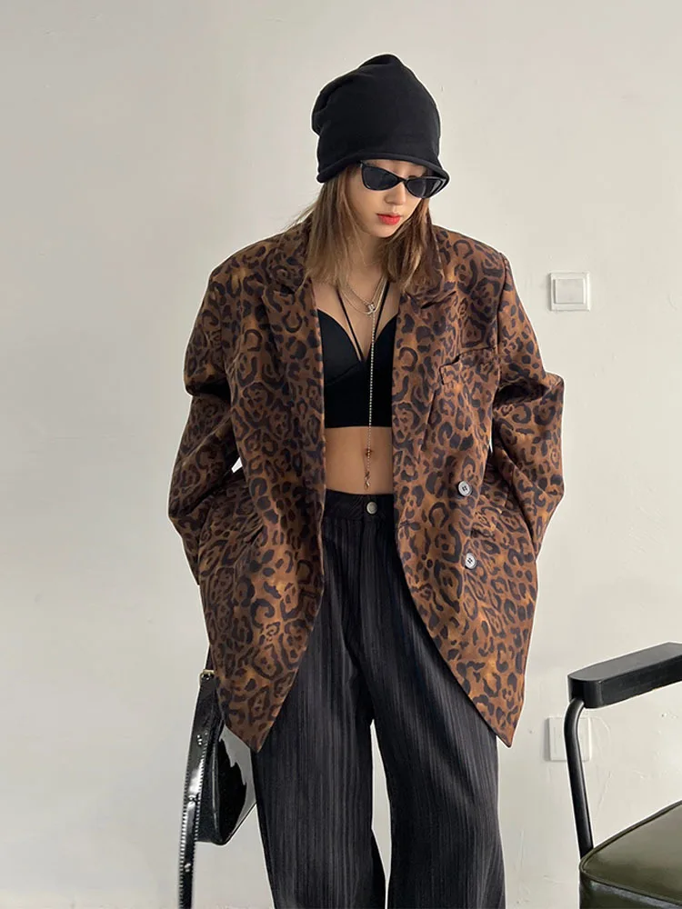 Women Leopard Print Big Size Casual Blazer New Lapel Long Sleeve Loose Fit Jacket Fashion Tide Spring Autumn 2024