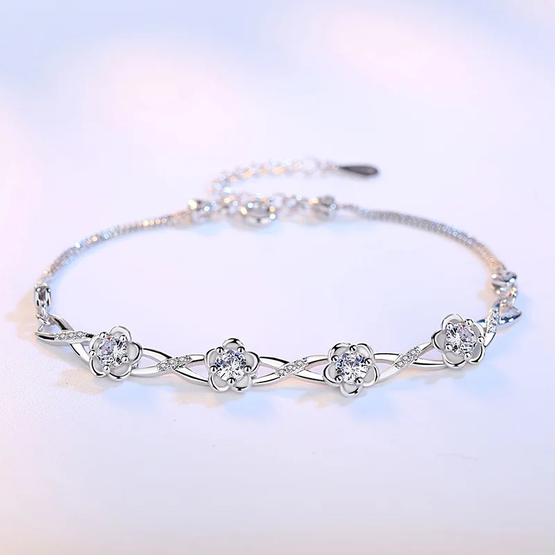 Authentic S925 Sterling Silver Crystal Vintage Plum Blossom Flower Bracelet Bangle For Women Girl Lady Wedding Birthday Gift - view 3