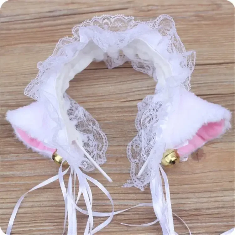 Gothic Lolita Maid Women Girl\'s Ruffles Lace Headband Plush Cat Ears Ribbon Bell Lolita Cosplay Hair Hoop