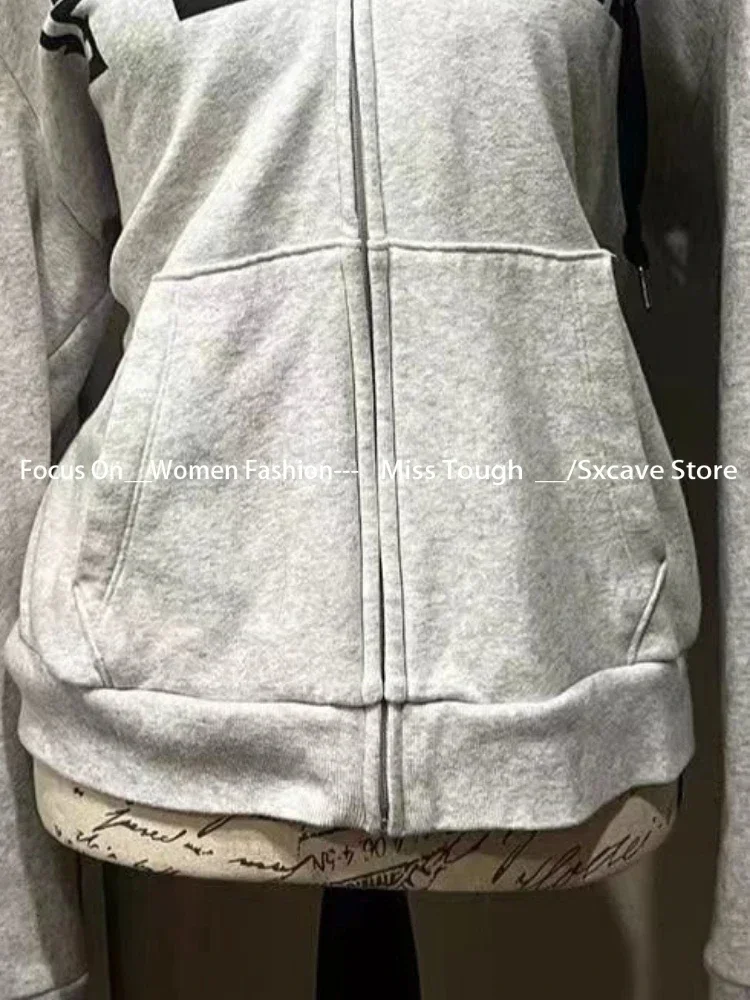 Print Zippers Hoodies Women Coat Casual Gray Femme Korean Fur Patchwork Hooded Sweatshirts Vintage Y2k Aesthetic Grunge Letter