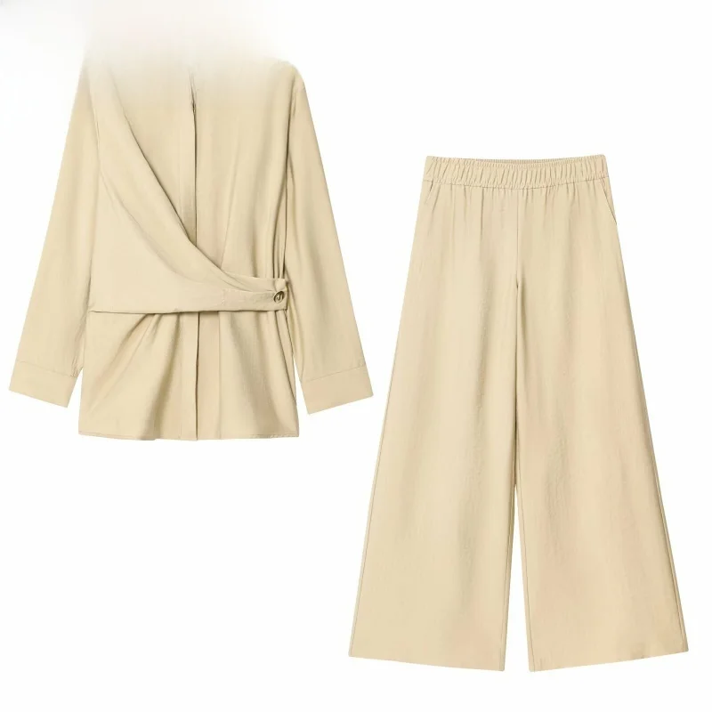 

Faionable Golden Button Decorated Double-breasted irt Wide Leg Pants Women's Autumn New Arrival Casual Sle Two-piece Set