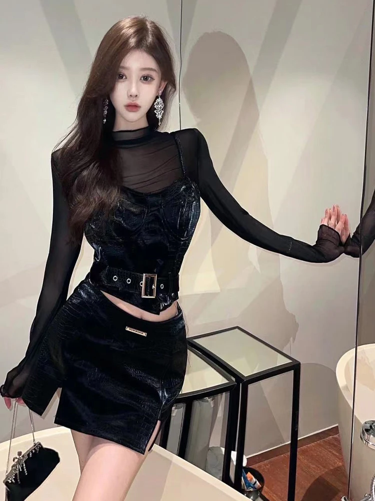 

Сексуальная пикантная девушка k Club Sle Me, прозрачная основа, жилет с ремешком, накидка вокруг юбки, комплект футболок, длинный свеч, облегающий крой