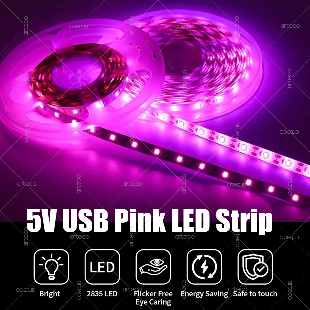 

USB светодиодная лента 5 В 2835 розовая USB светодиодная лента Гибкая лента DIY Подсветка комнатного шкафа Освещение украшения IP20 IP65
