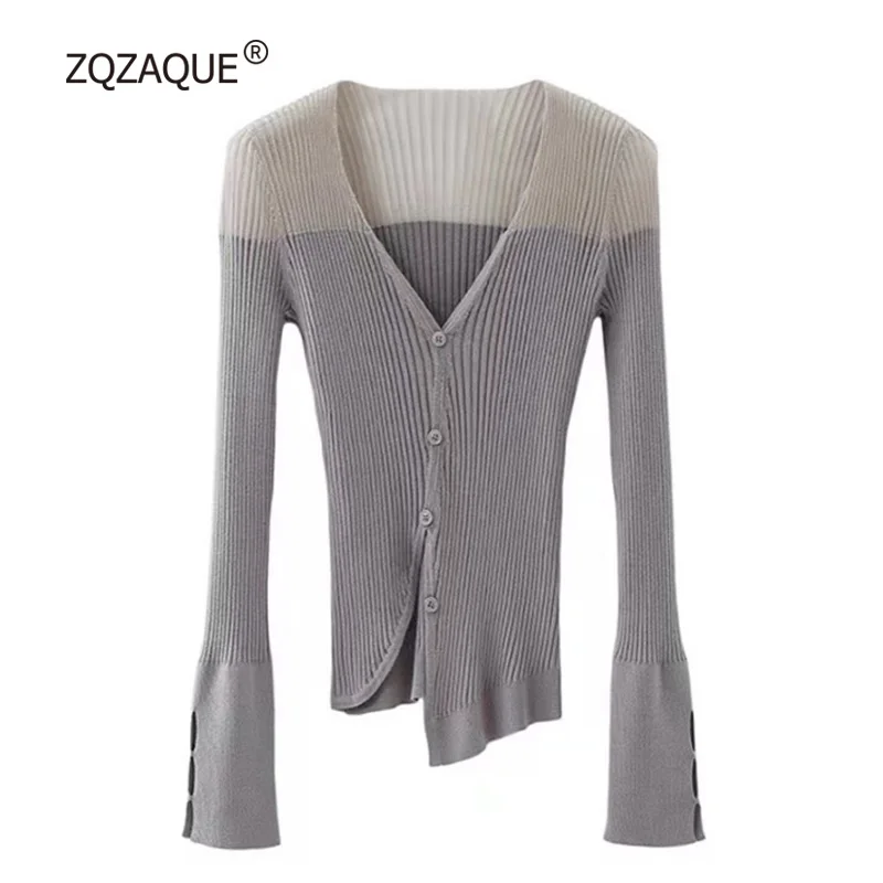 Elegant Temperament Thin Knit Cardigan Asymmetric Design Sexy V-neck Contrast Color Long Sleeve Stitching Knitted Tops SY2656