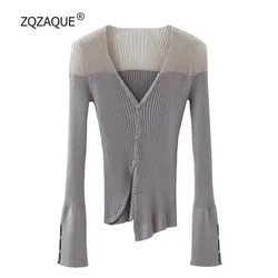 Elegant Temperament Thin Knit Cardigan Asymmetric Design Sexy V-neck Contrast Color Long Sleeve Stitching Knitted Tops SY2656