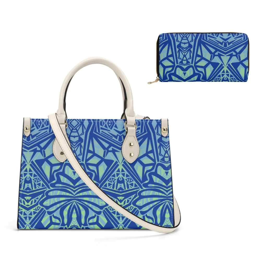 

Customizable Polynesian Large Tote Women Island Print Travel Combo Bag Matching Leather Wallet Beach Resort Chic