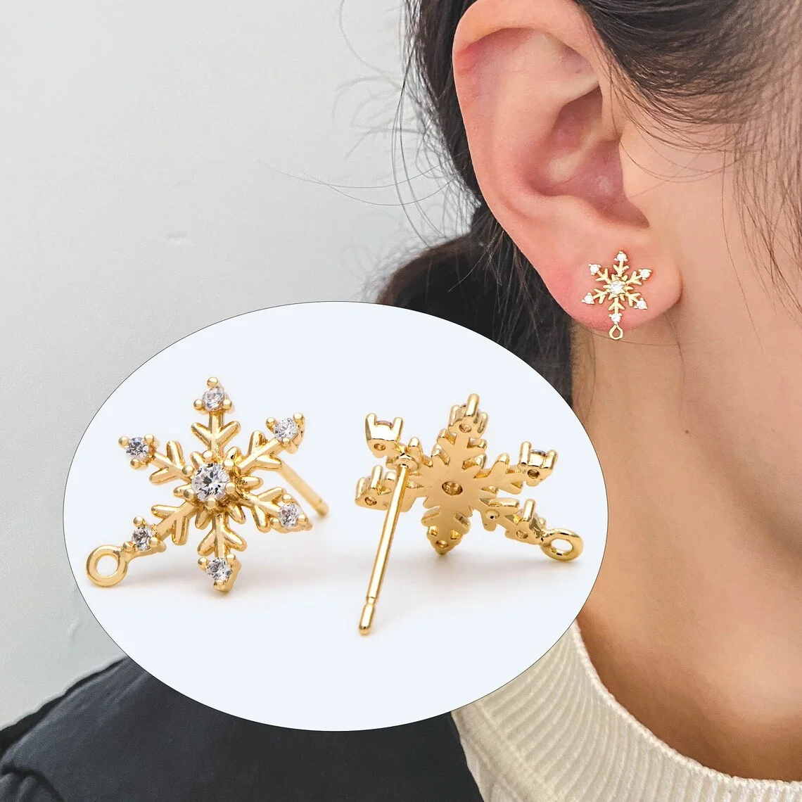 6pcs CZ Pave Gold Snowflake Ear Posts, Earring Findings, Jewelry Making, Diy Material, Jewelry Supplies