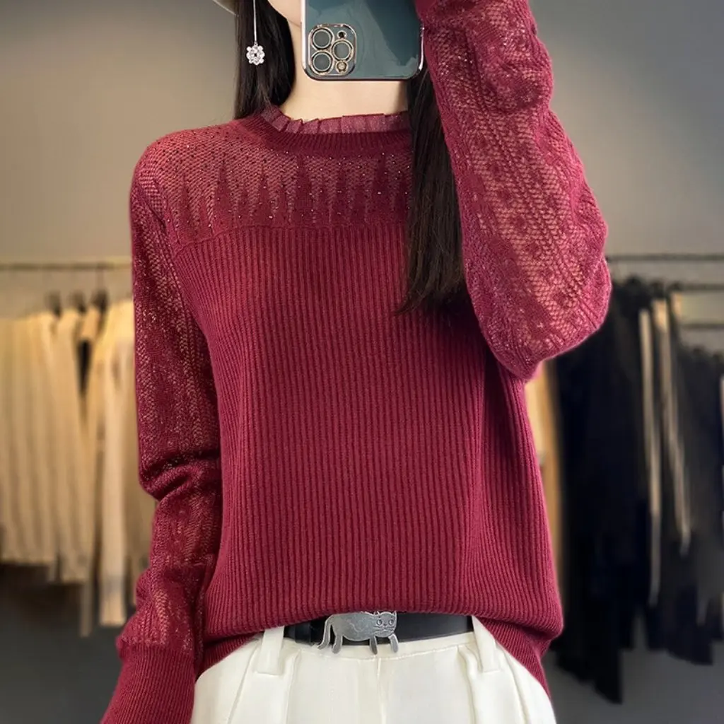

Elegant Lace Hook Flower Embellished Diamond Woolen Base Shirt Spring Autumn New Style Earlet Collar Knitted Top For Women