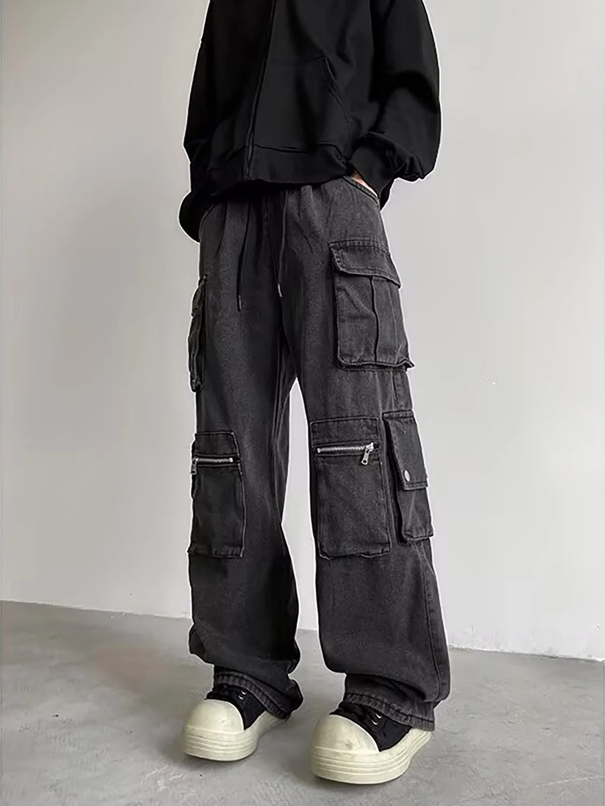 

Black Workwear Style Jeans Men's Retro Washed Elastic Waist Multi-Pocket Anti-Wrinkle Straight Leg Wide Leg Jeans