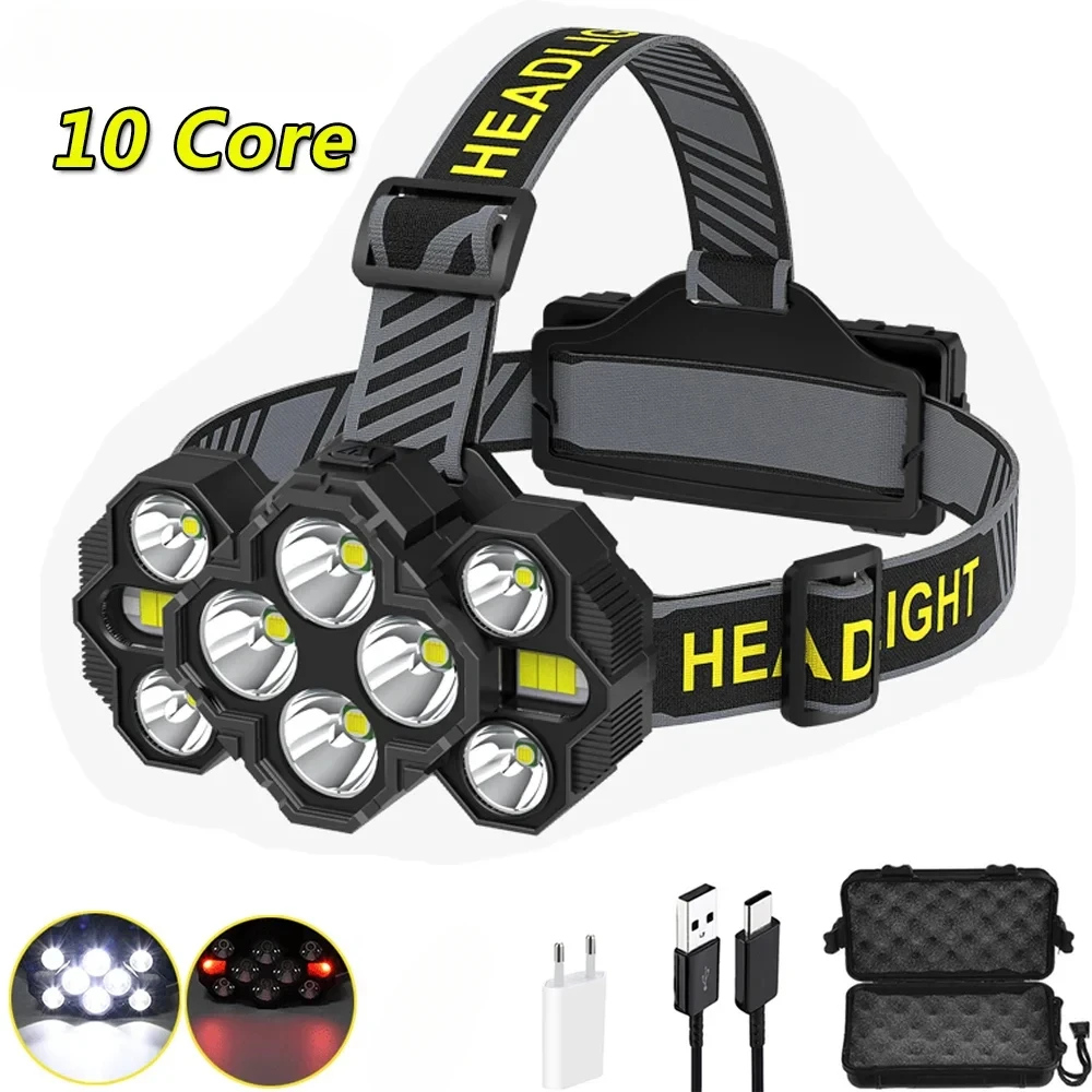 

Strong Light 10 LED Headlight USB Rechargeable Headlamp 18650 Headlight Outdoor Camping Light with Red Warning Light Lantern