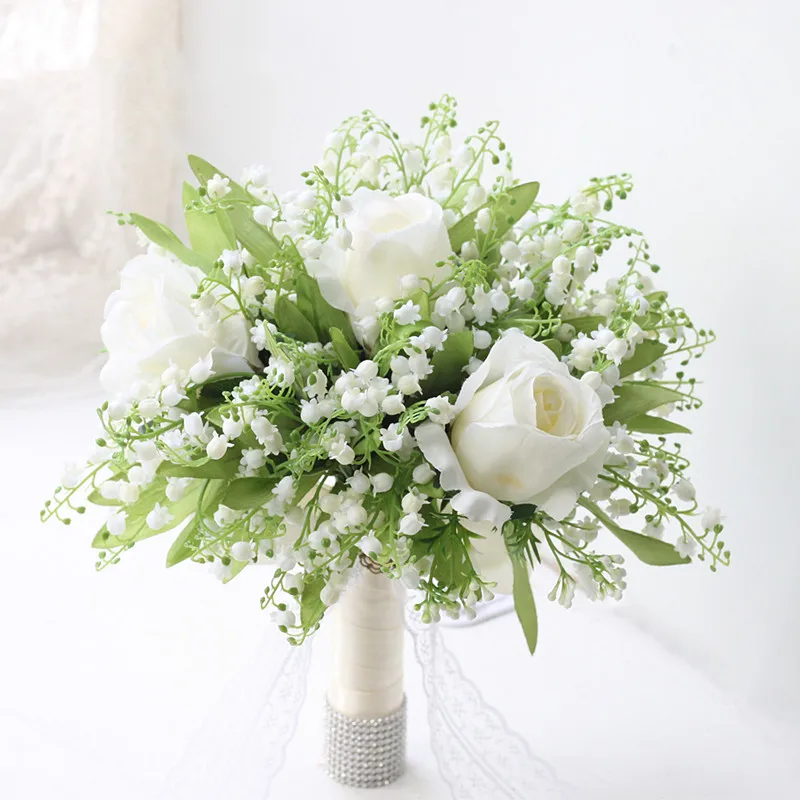 

Free Shipping High Quality Imitation White Rose Lily Of The Valley Holding Flower Bridal Wedding Bouquet Finished Artificial