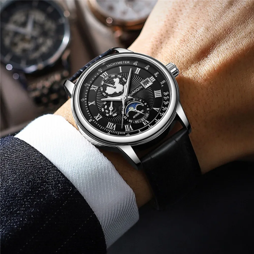 GUANQIN Luminous Leather Mechanical Men's Wristwatch with Sapphire Crystal Moon Phase Waterproof Automatic Sport Wrist Watch