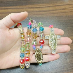 1Pc Mexican Virgin Mary Necklace Colorful Cross Pendant  Red Black AB Crystal Beads Guadalupe Blessing Charm Catholic Gift