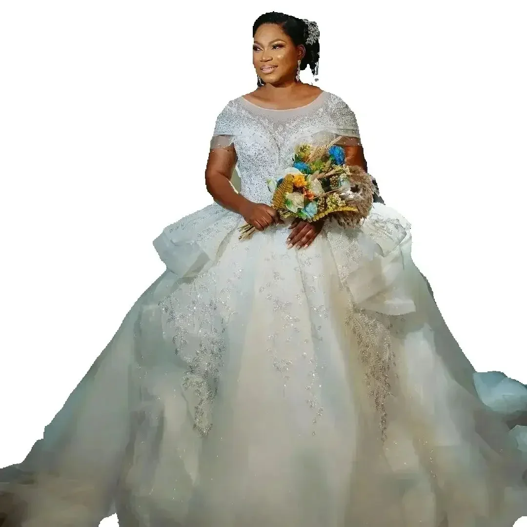 

Customized Shinny Beads Appliques African Wedding Dress Vestido De Casamento Cap Sleeves Plus Size Ballgown Bridal Gown