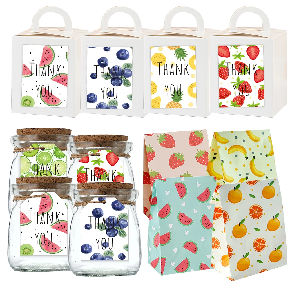 Fruits Gifts Bags Pineapple Strawberry Paper Hanging Tags Stickers for Kids Summer Fruit Birthday Party DIY Gift Wrapping Supply