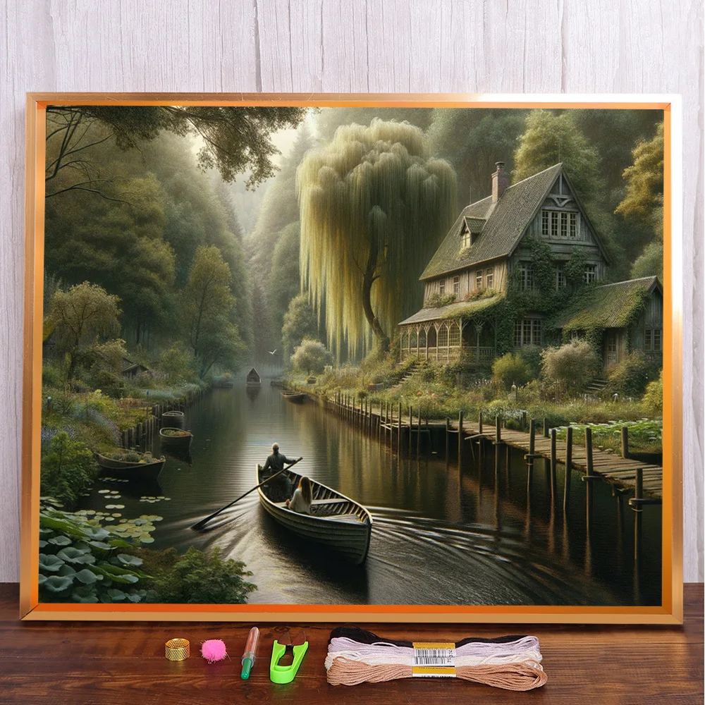

Landscape River House Cross Stitch Complete Kit DIY Embroidery Handiwork Knitting Hobby Handicraft Different Floss For Adults