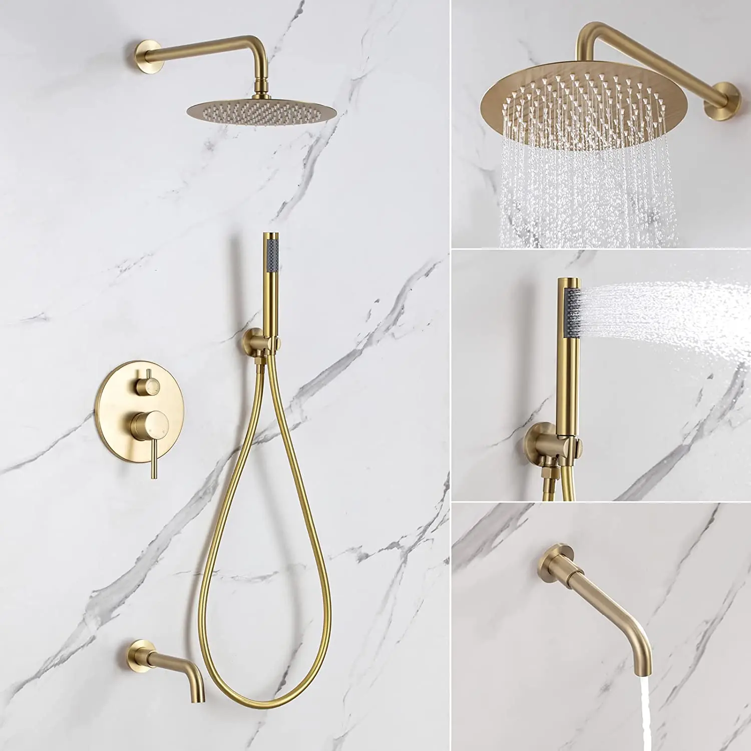 

Brushed Gold Shower System with 360° Rotation Tub Spout Shower Faucets Set Complete with 10 Inches Rain Shower Head and Handheld