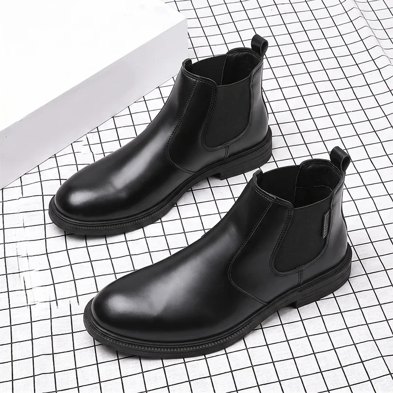 Men Leather Chelsea Ankle Boots Slip-on Design Comfort Sole For Daily Office